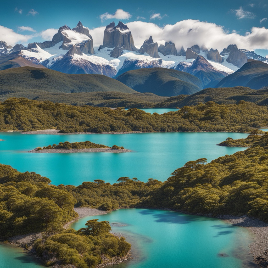 Captivating Patagonia Skyline: Majestic Mountains and Pristine Lakes Against a Clear Blue Sky, Perfect for Adventure and Exploration.